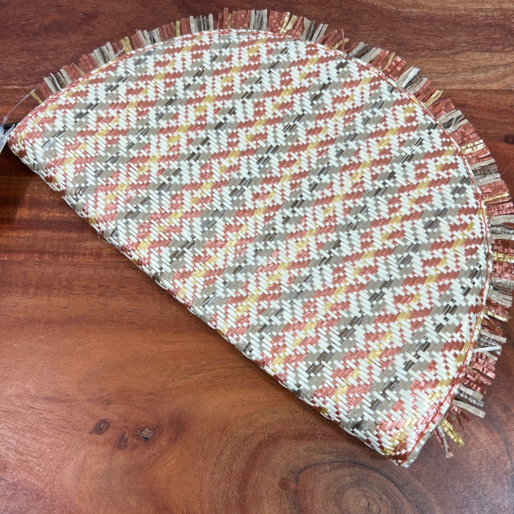 Francescas Woven Half Moon Fringe Clutch Bag Orange Gold Geometric New